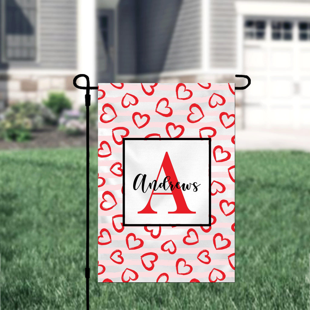 Personalized Valentine's Day Hearts & Stripes Garden Flag, Custom Red Hearts Garden Flag