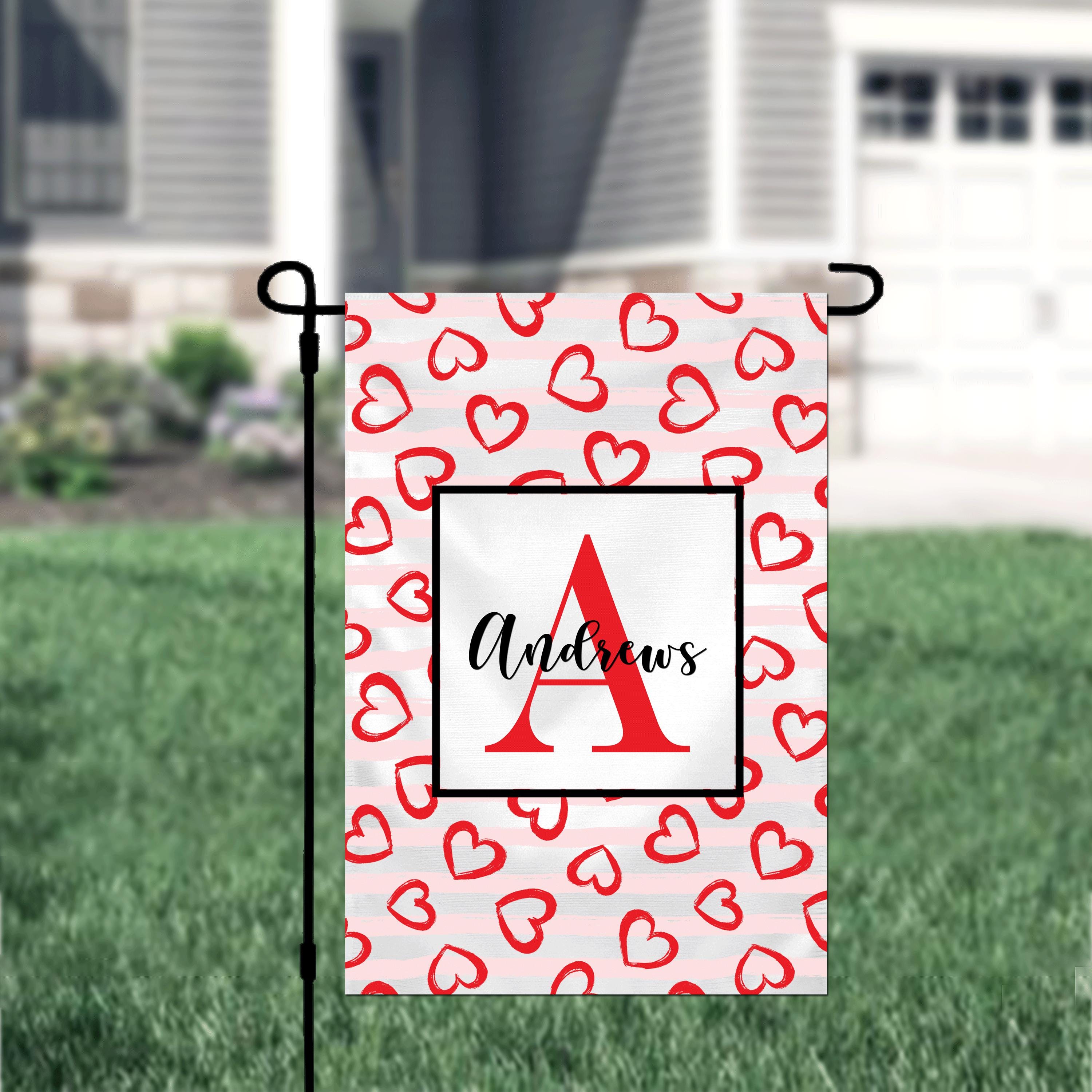 Personalized Valentine's Day Hearts & Stripes Garden Flag, Custom Red Hearts Garden Flag