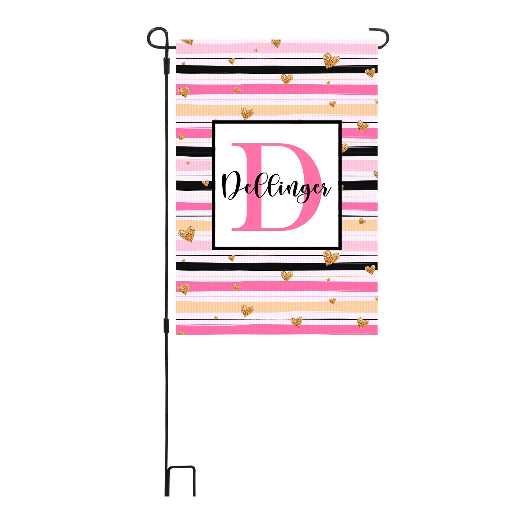 Personalized Valentine's Day Stripes Garden Flag, Custom Gold Hearts Garden Flag