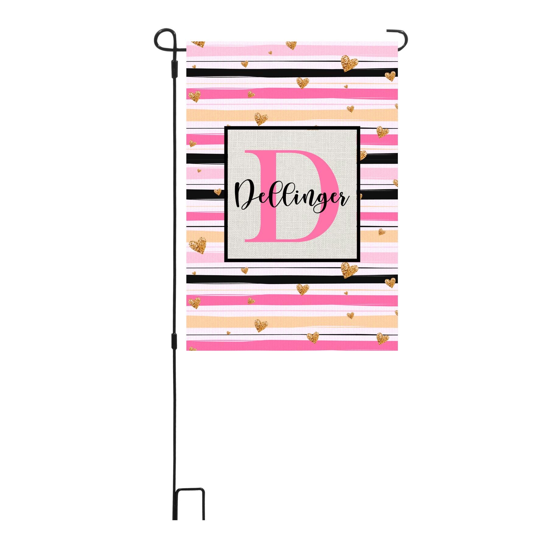 Personalized Valentine's Day Stripes Garden Flag, Custom Gold Hearts Garden Flag
