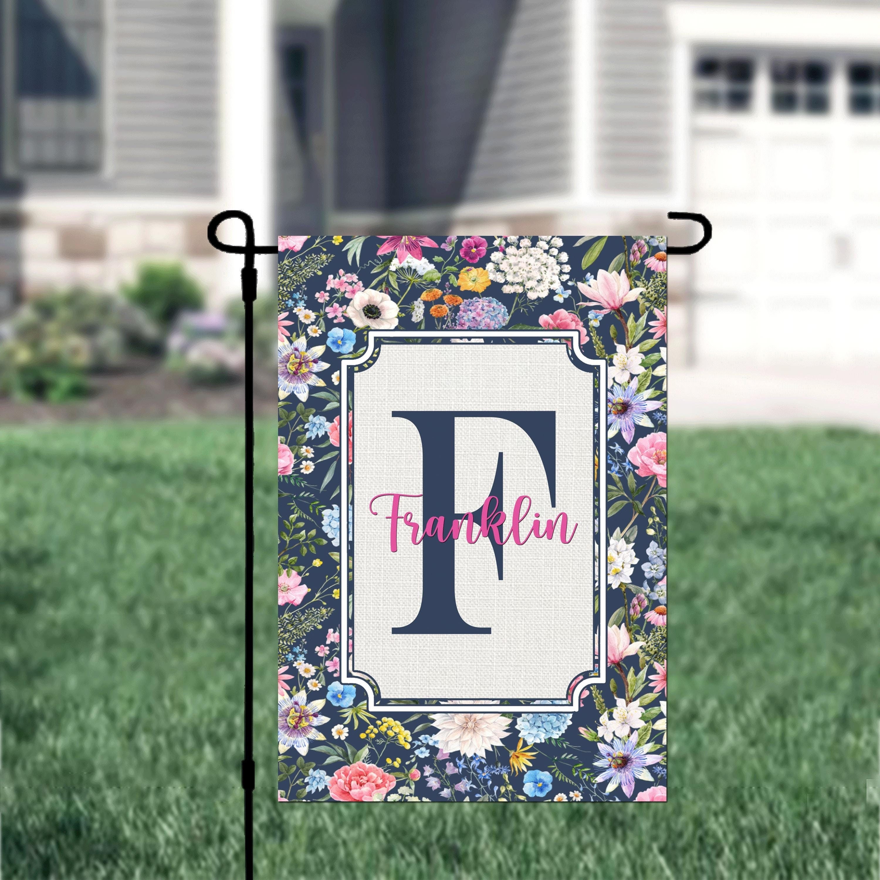 Personalized Welcome Garden Flag Blue Floral, Custom Farmhouse Garden Flag