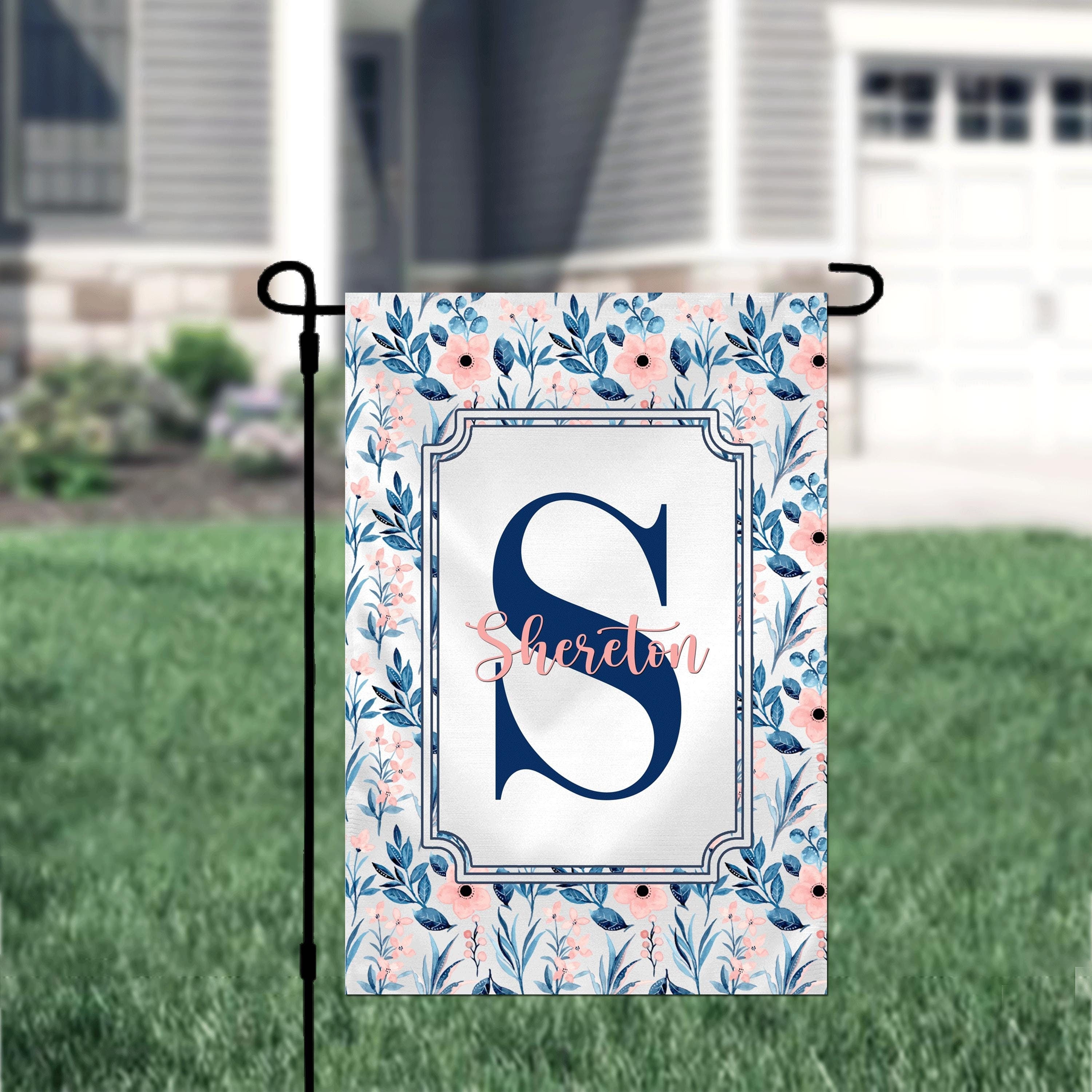 Personalized Welcome Garden Flag Blue Pink Floral, Custom Farmhouse Garden Flag