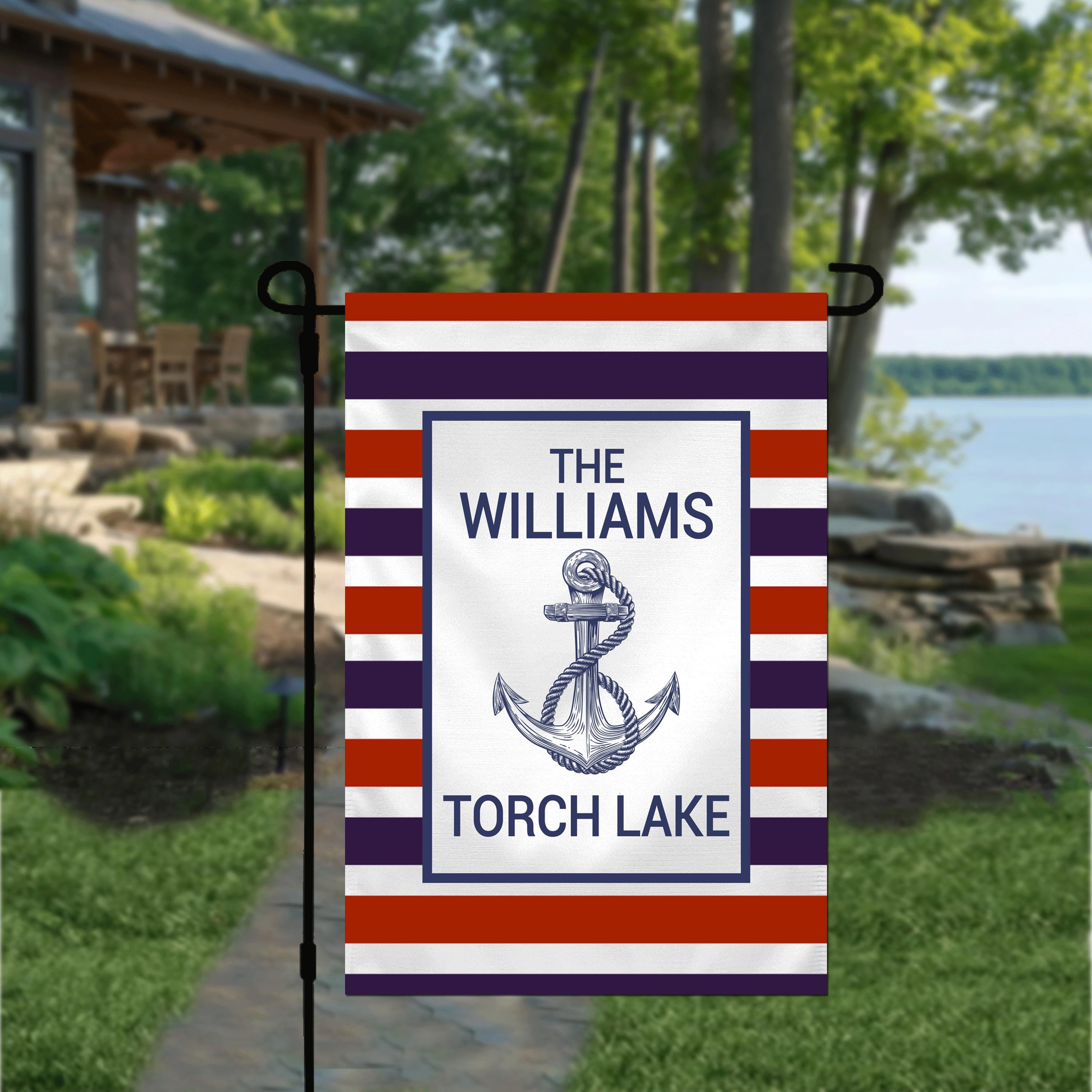 Personalized Nautical Garden Flag | Custom Coastal Flag | Red, White & Blue Anchor Flag | Custom Lake House Decor | Welcome Flag for Yard