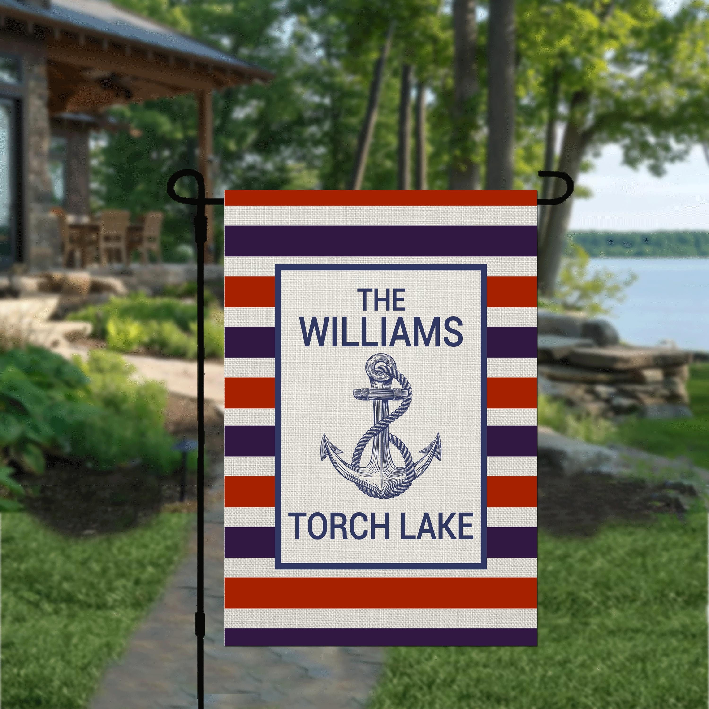 Personalized Nautical Garden Flag | Custom Coastal Flag | Red, White & Blue Anchor Flag | Custom Lake House Decor | Welcome Flag for Yard