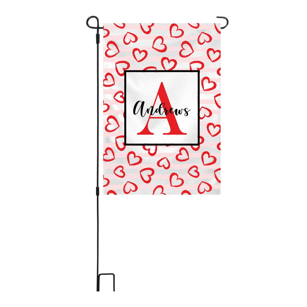Personalized Valentine's Day Hearts & Stripes Garden Flag, Custom Red Hearts Garden Flag