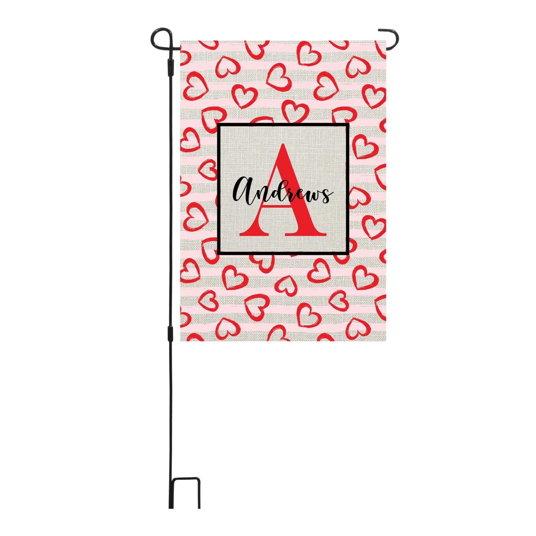 Personalized Valentine's Day Hearts & Stripes Garden Flag, Custom Red Hearts Garden Flag