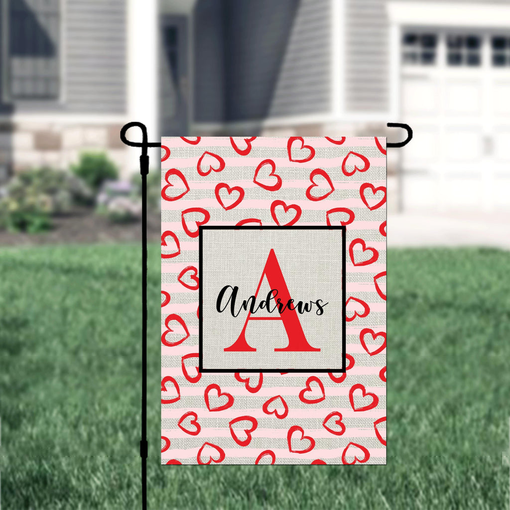 Personalized Valentine's Day Hearts & Stripes Garden Flag, Custom Red Hearts Garden Flag