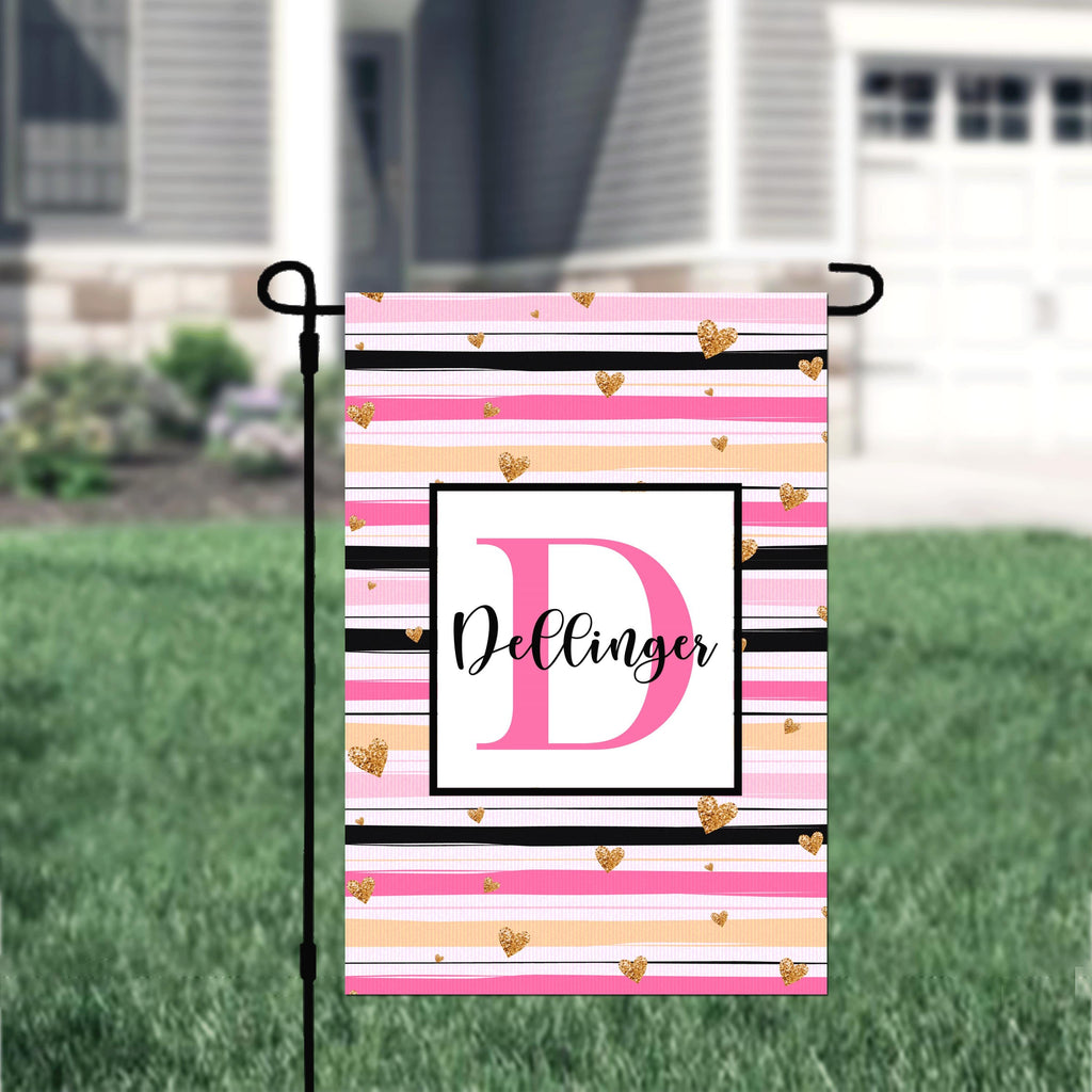 Personalized Valentine's Day Stripes Garden Flag, Custom Gold Hearts Garden Flag