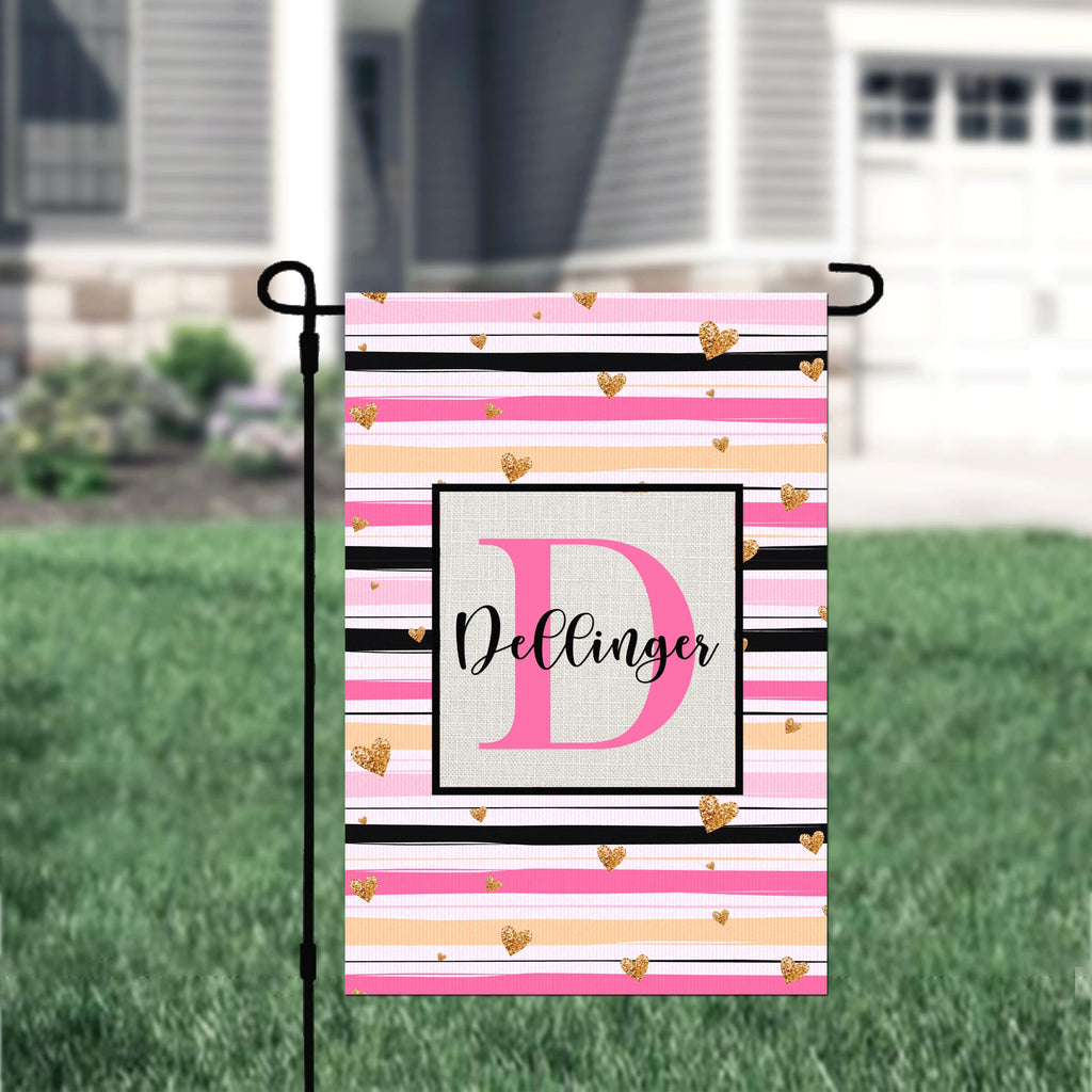 Personalized Valentine's Day Stripes Garden Flag, Custom Gold Hearts Garden Flag