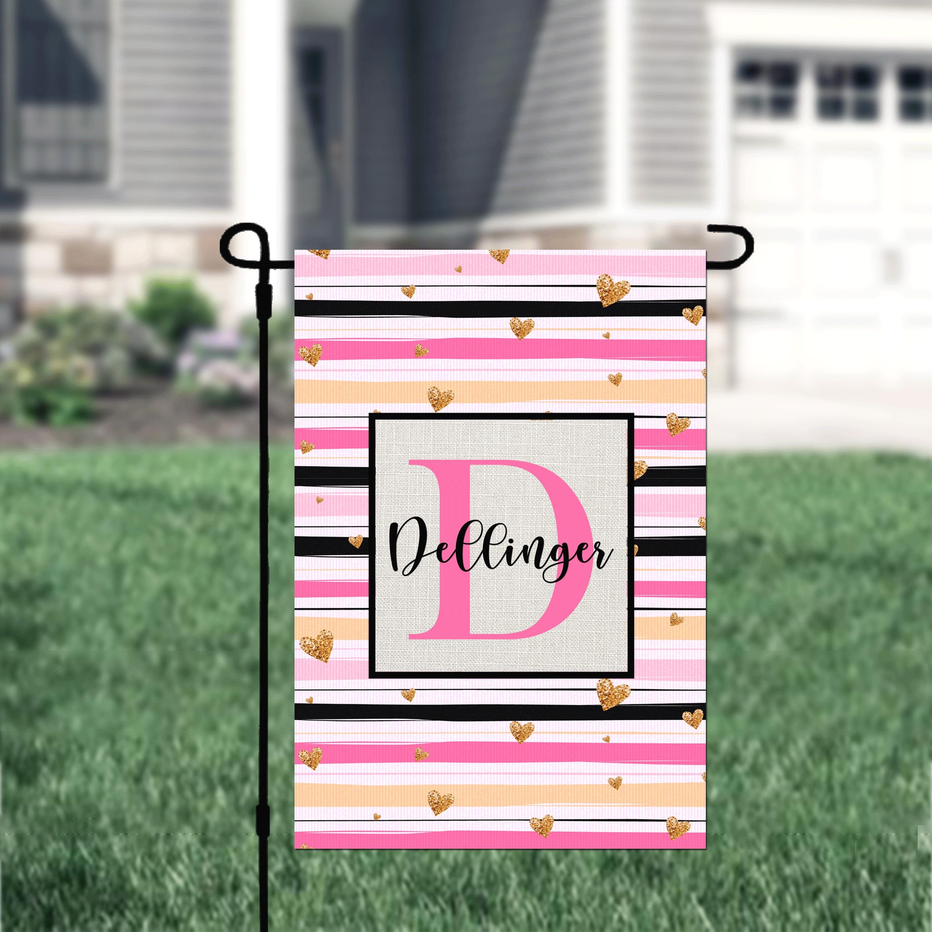 Personalized Valentine's Day Stripes Garden Flag, Custom Gold Hearts Garden Flag