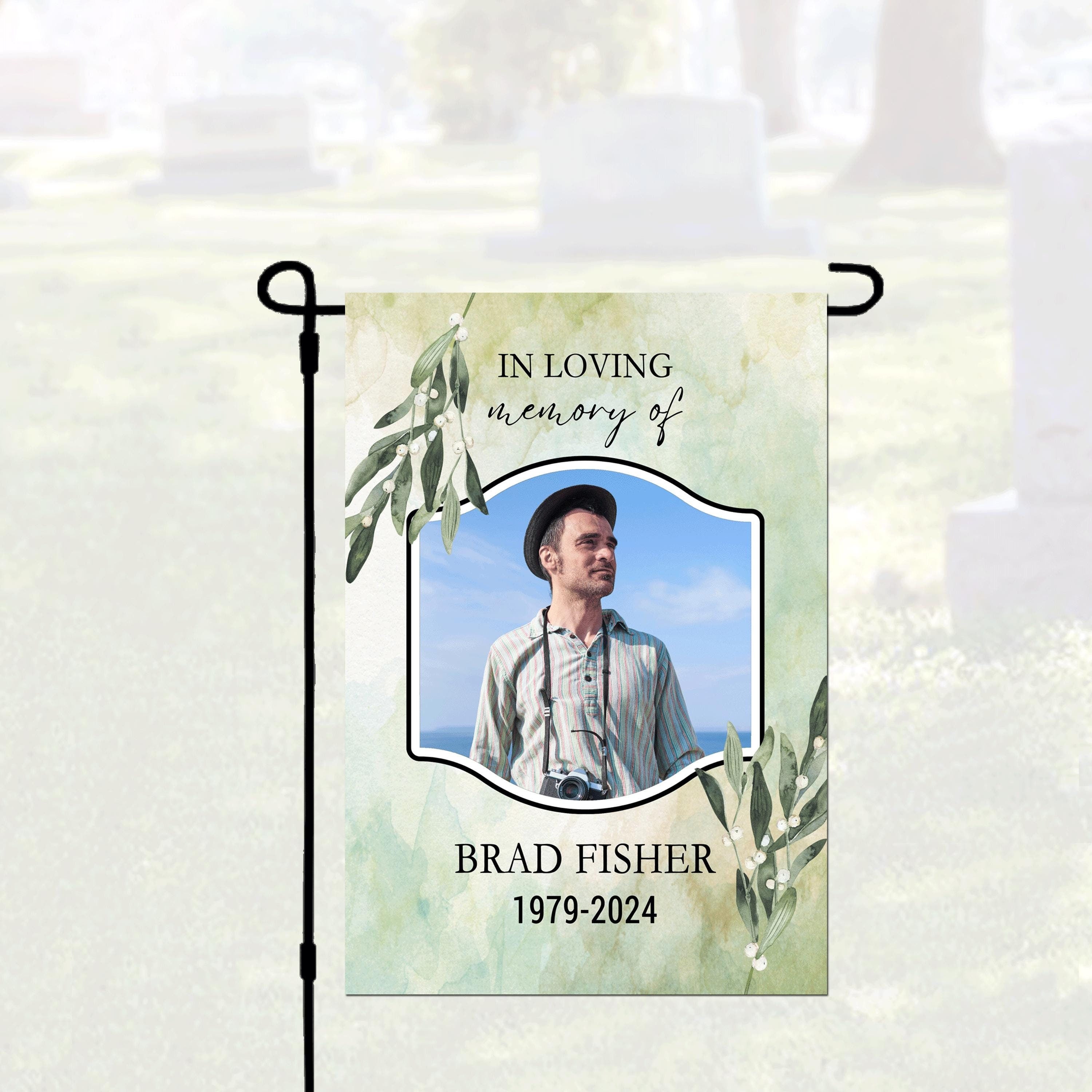 Personalized Photo Memorial Green Floral Cemetery Flag, Custom Memorial Garden Flag, In Memory Decoration, Cemetery Decoration