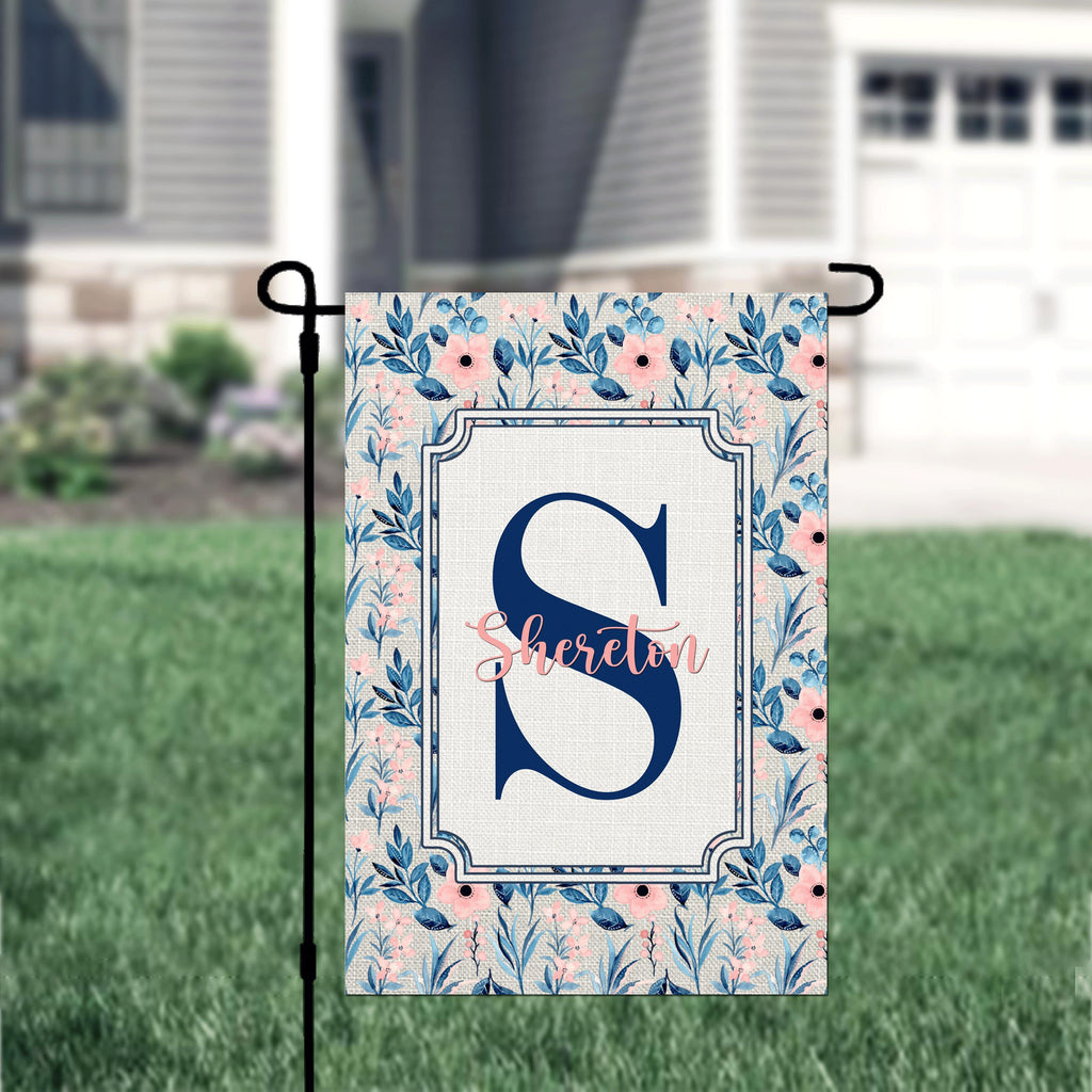 Personalized Welcome Garden Flag Blue Pink Floral, Custom Farmhouse Garden Flag