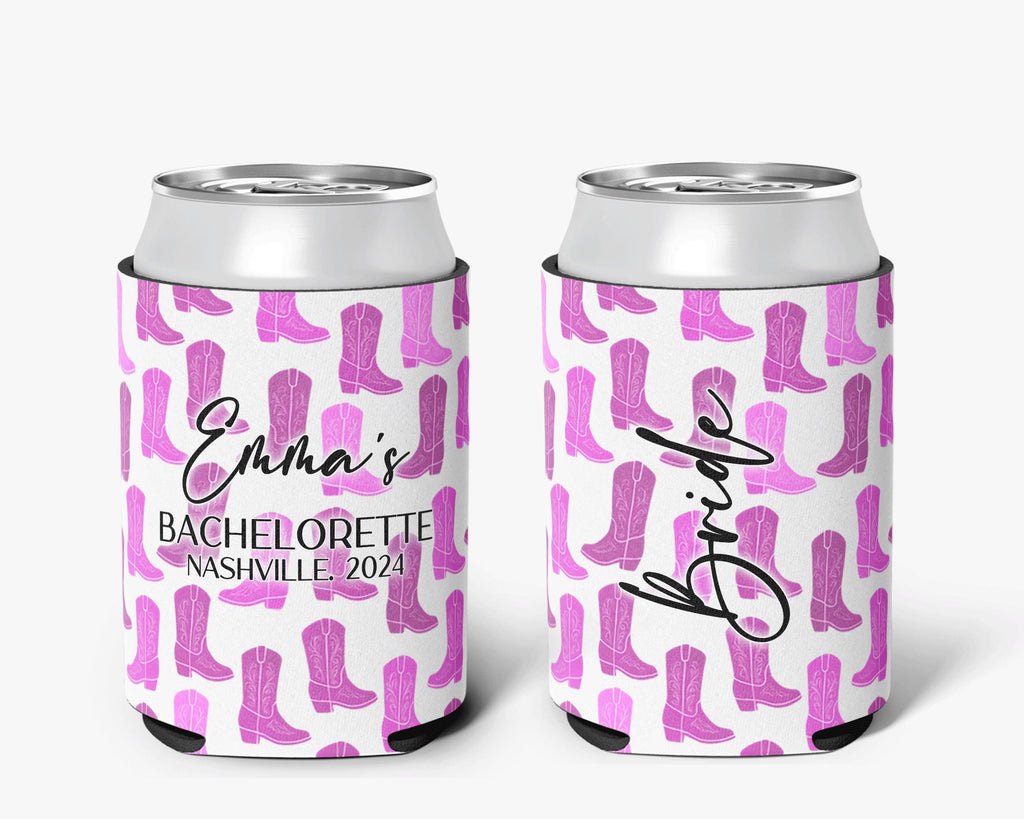 Cowgirl Bachelorette Can Cooler - Pink Nashville Theme Bridal Party Favor - Personalized Drink Sleeve for Bride & Bridesmaids