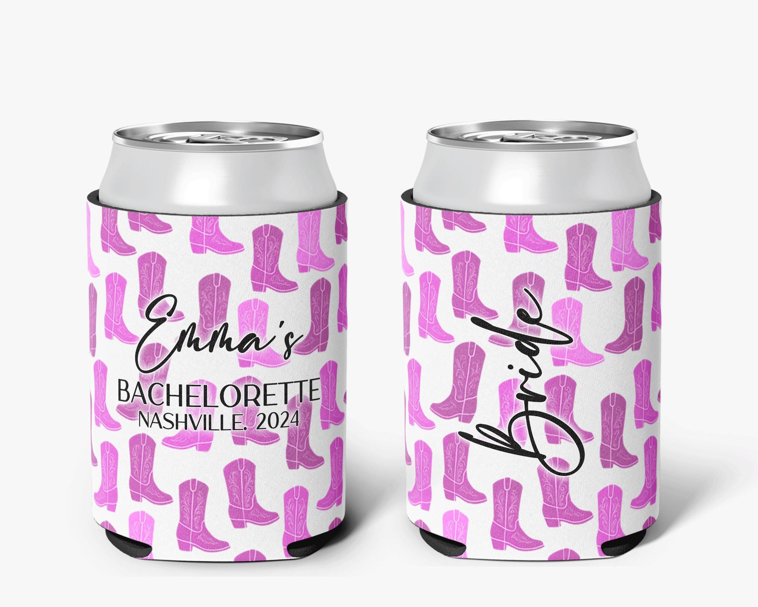 Cowgirl Bachelorette Can Cooler - Pink Nashville Theme Bridal Party Favor - Personalized Drink Sleeve for Bride & Bridesmaids