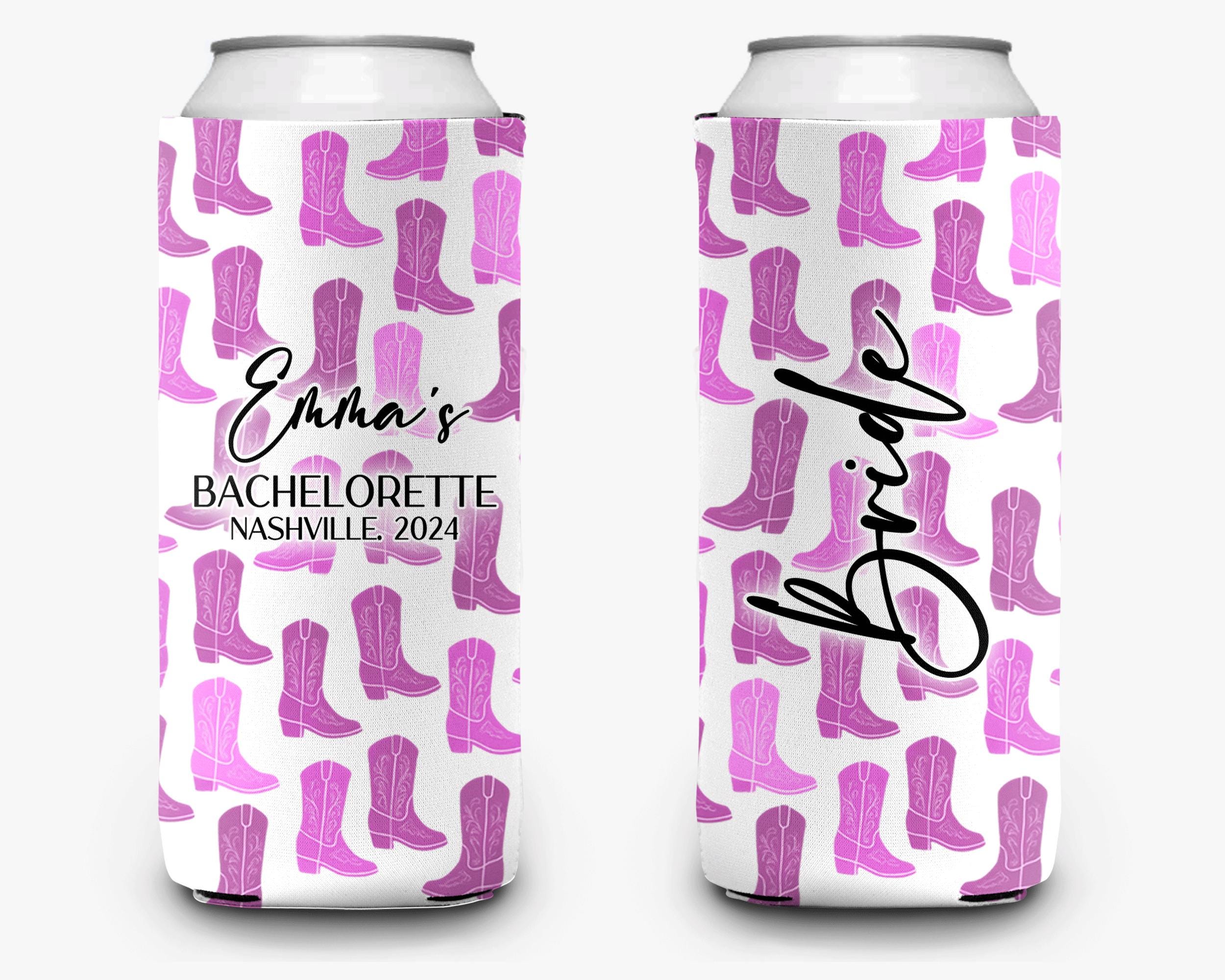 Cowgirl Bachelorette Can Cooler - Pink Nashville Theme Bridal Party Favor - Personalized Drink Sleeve for Bride & Bridesmaids
